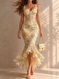 Robe Midi Sirène Romantique avec Bord en Dentelle