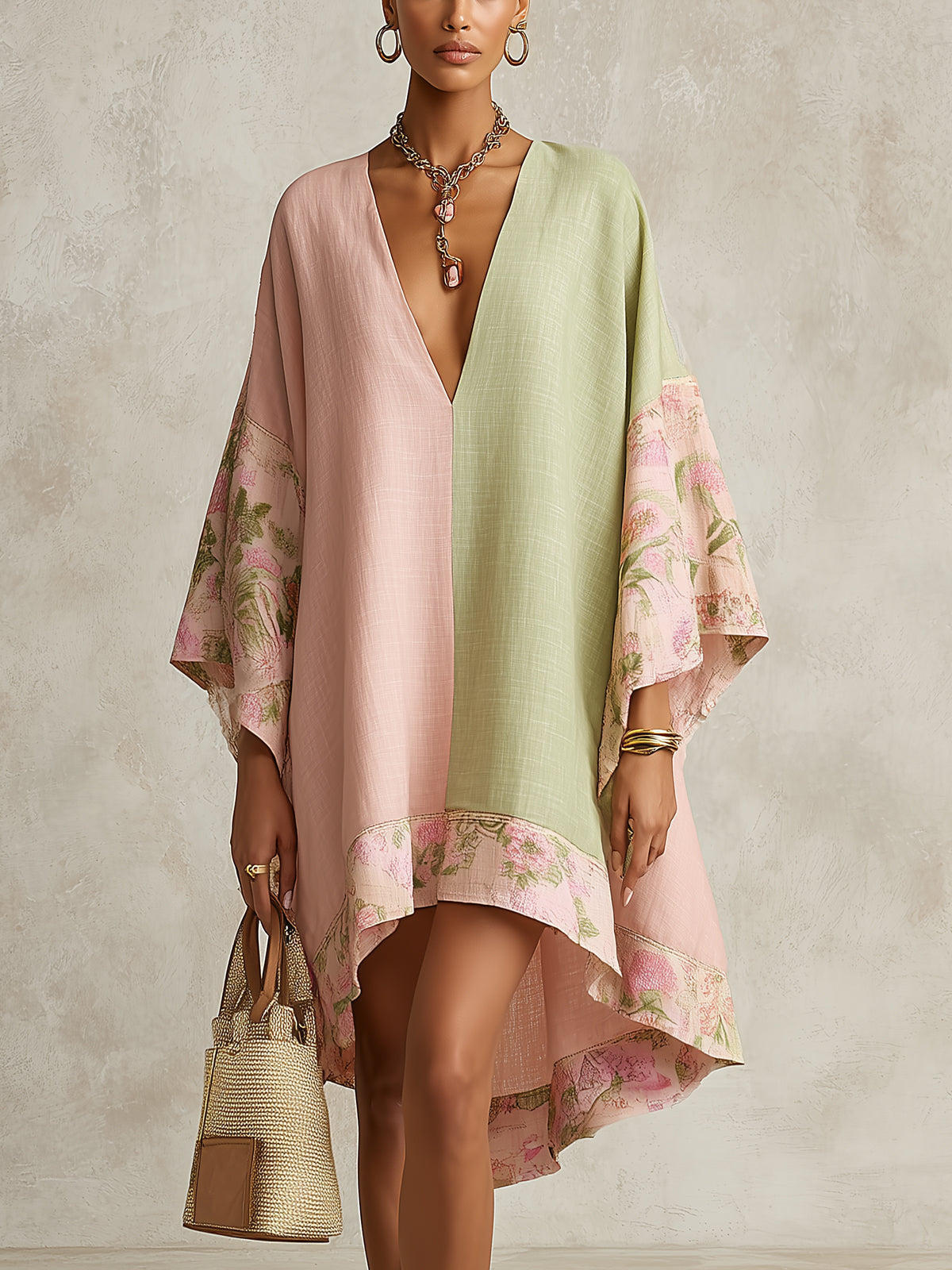 Robe Midi à Fleurs avec Blocs de Couleurs Vert et Rose