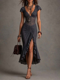 Robe Midi en Plissé de Dentelle Gris Foncé
