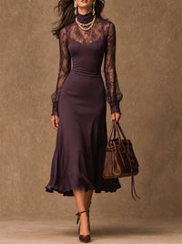 Robe Midi Bodycon en Satin Mat Violet Élégante à Manches Longues en Dentelle