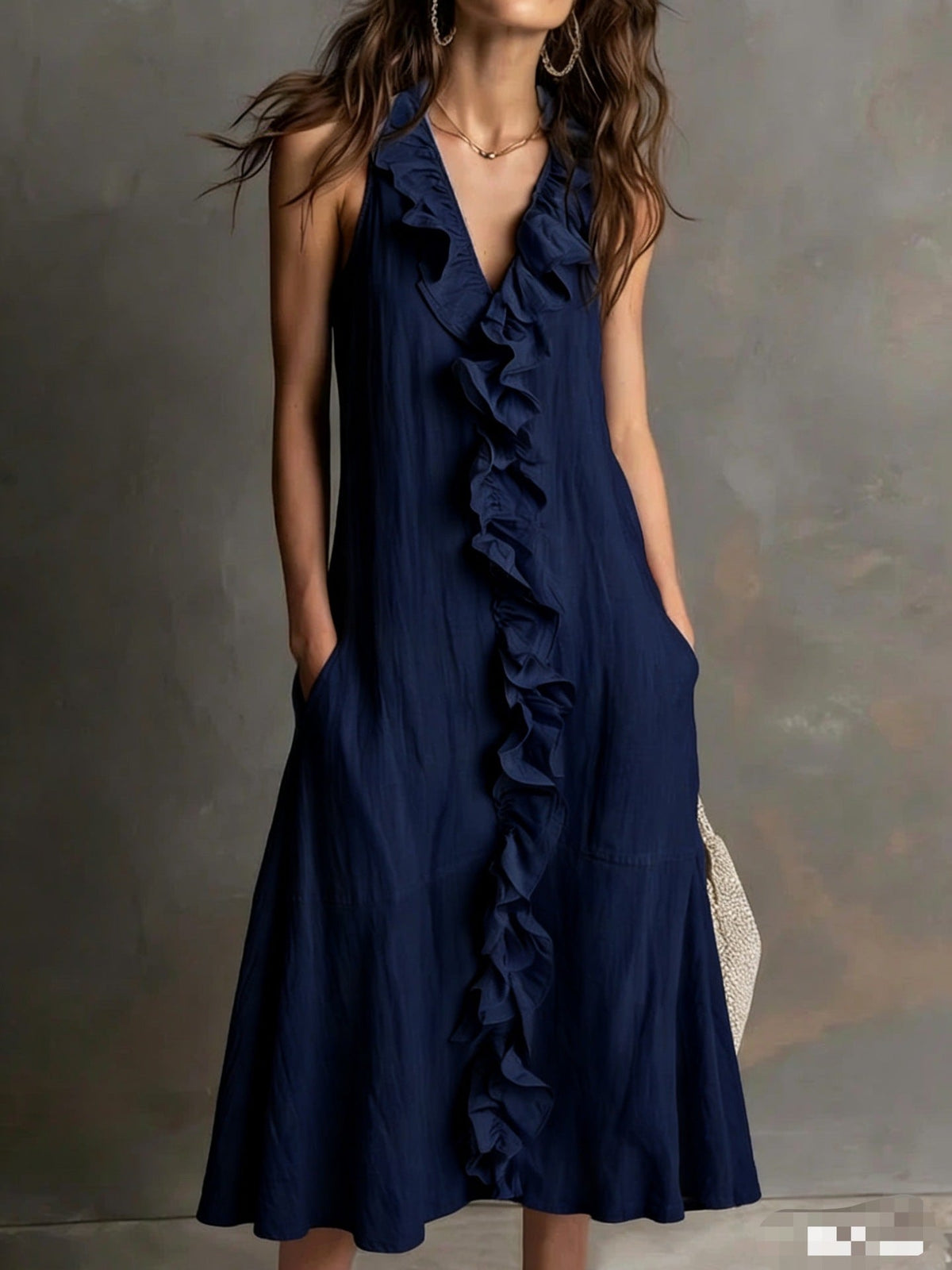 Robe Femme Unicolore Sans Manches Décolleté en V avec Volants