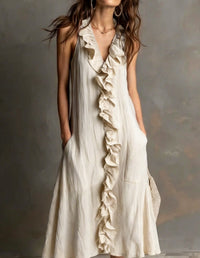 Robe Femme Unicolore Sans Manches Décolleté en V avec Volants