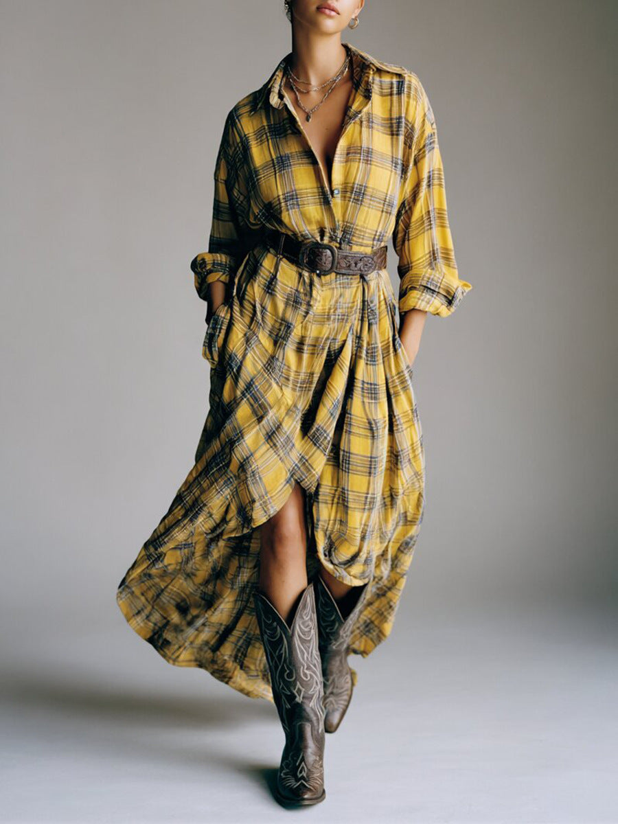 Robe chemise rétro décontractée à carreaux avec ceinture