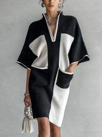 Robe midi dégradé noir et blanc avec manches chauve-souris