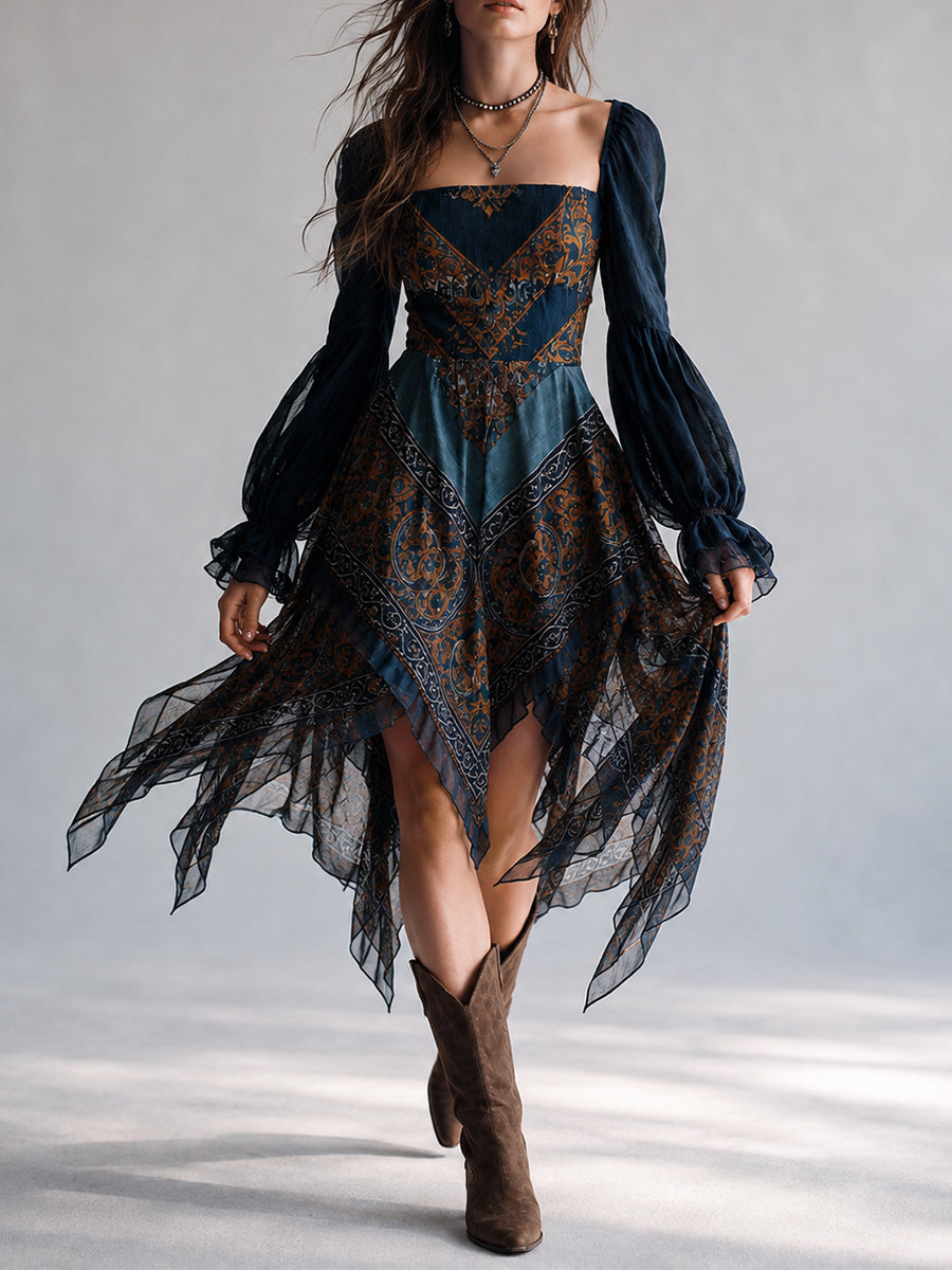 Robe à Hem en Mouchoir Imprimé Paisley Bleu Marine Bohème