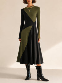 Robe Midi A-Ligne Élégante à Col Rond et Manches Longues en Bloc de Couleurs