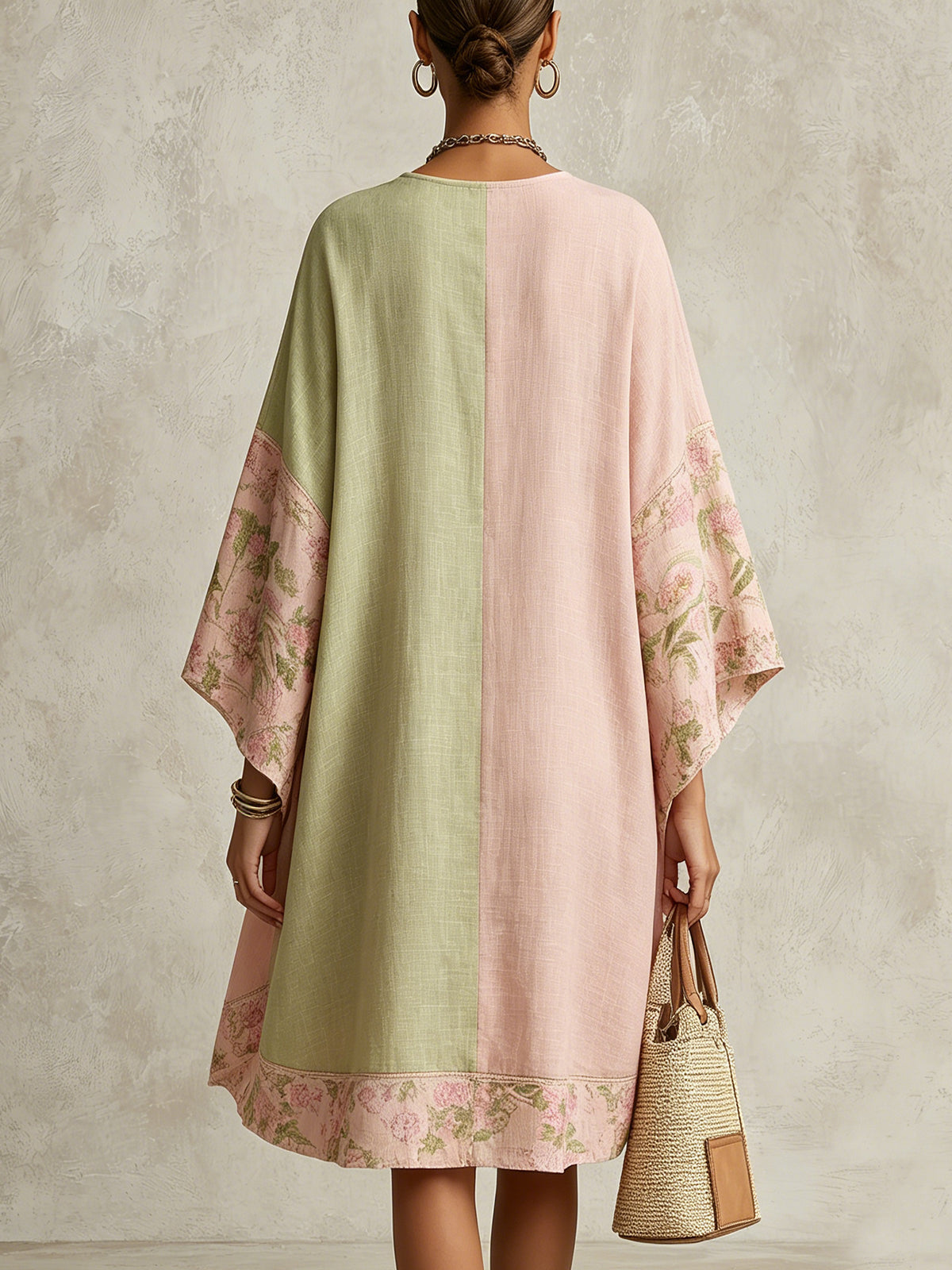 Robe Midi à Fleurs avec Blocs de Couleurs Vert et Rose