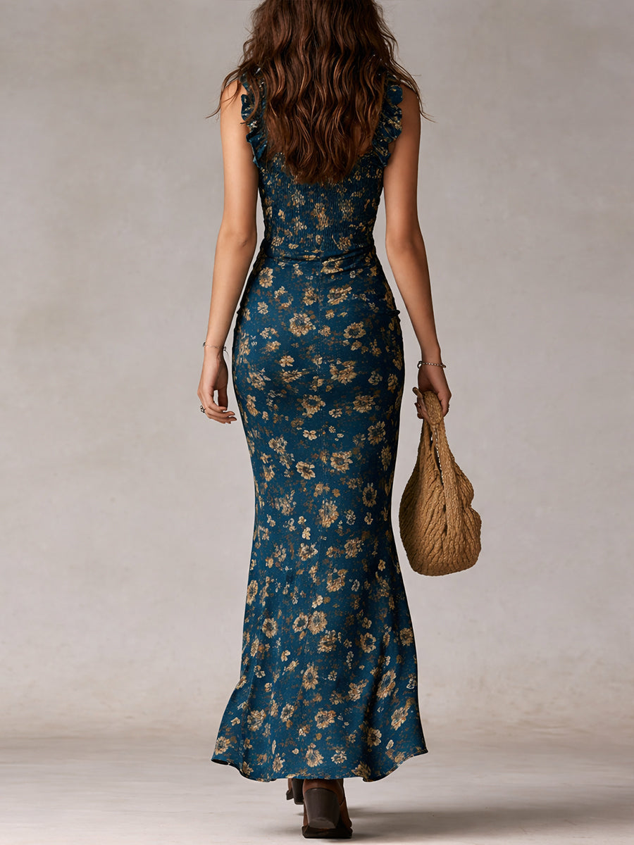Robe Maxi Imprimée Marine Bohémienne avec Manches Froncées