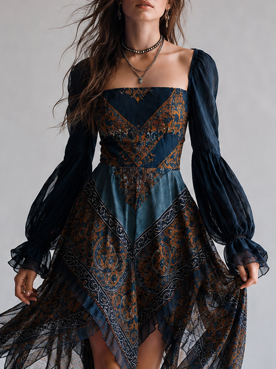 Robe à Hem en Mouchoir Imprimé Paisley Bleu Marine Bohème