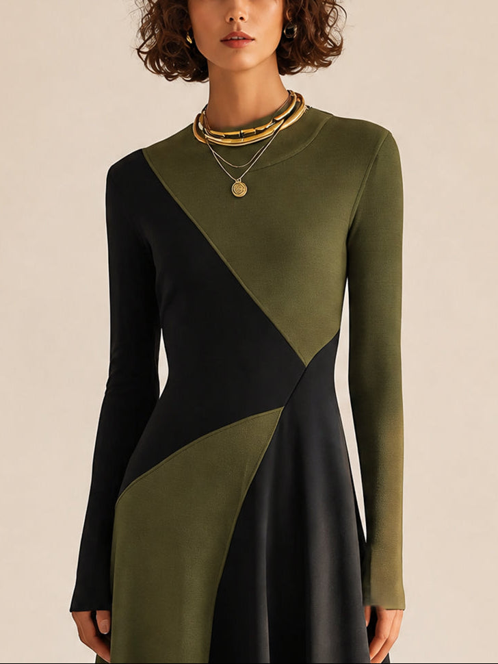 Robe Midi A-Ligne Élégante à Col Rond et Manches Longues en Bloc de Couleurs