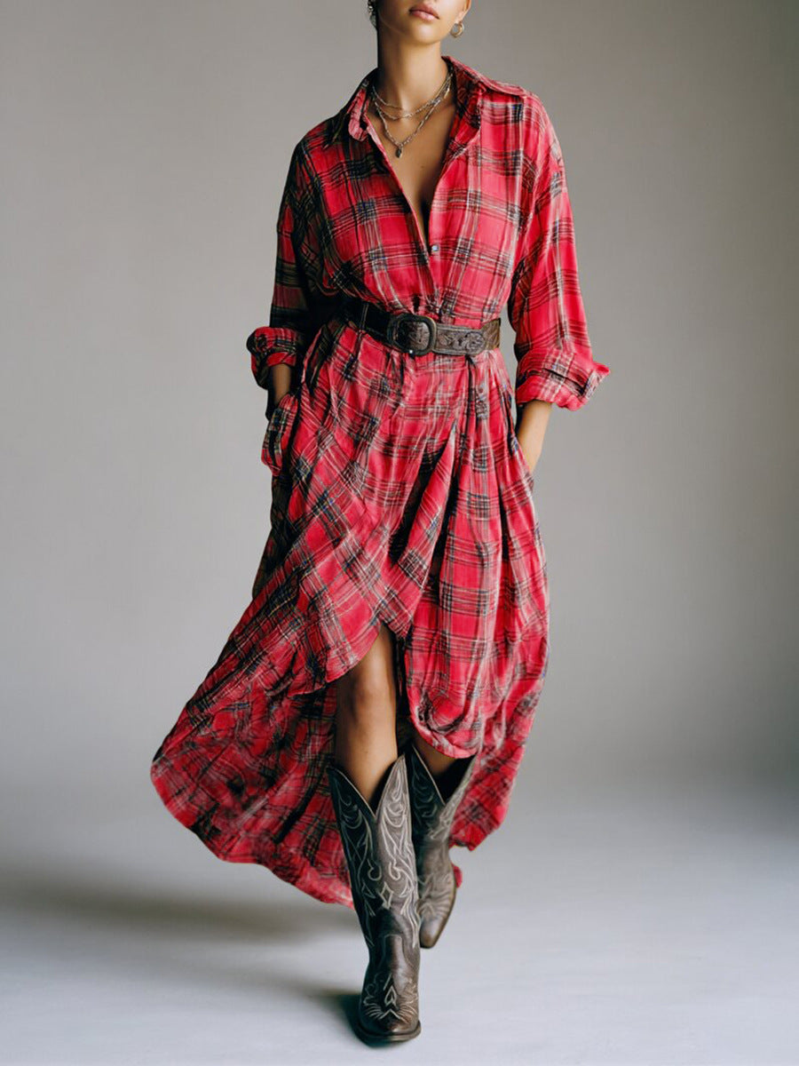 Robe chemise rétro décontractée à carreaux avec ceinture