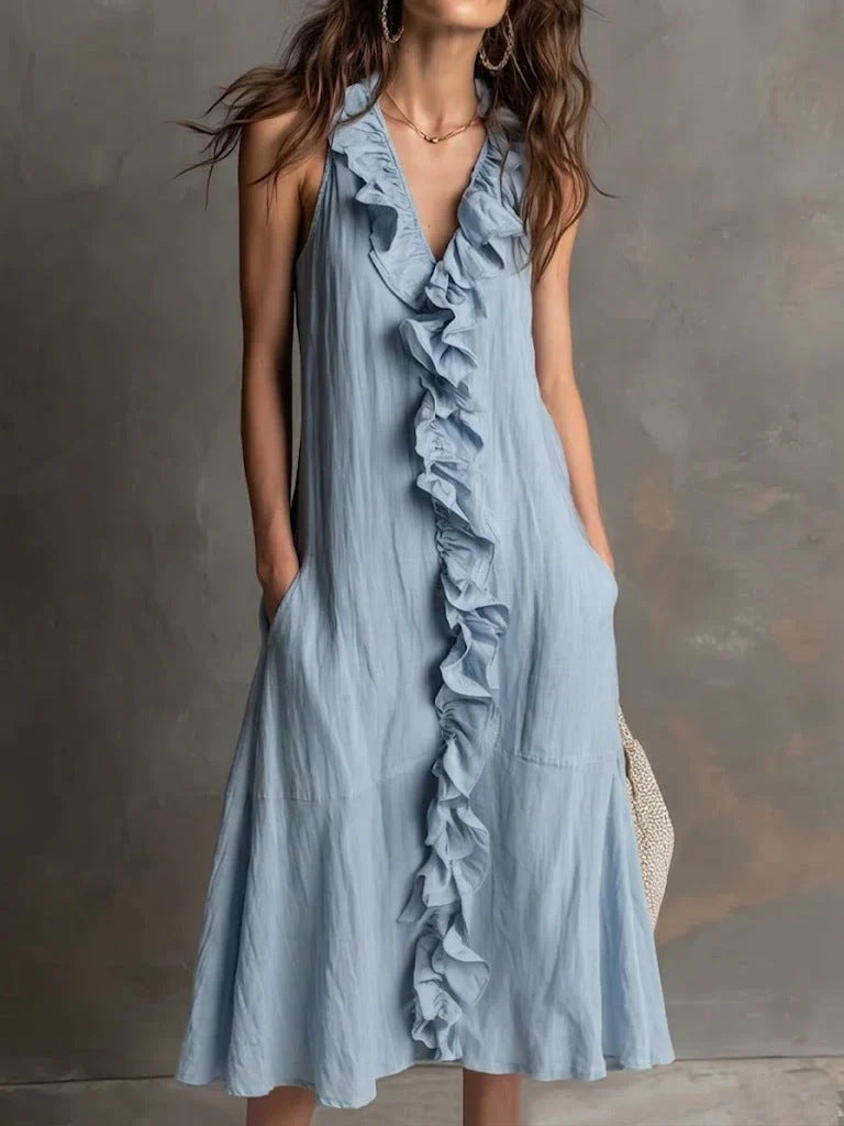 Robe Femme Unicolore Sans Manches Décolleté en V avec Volants