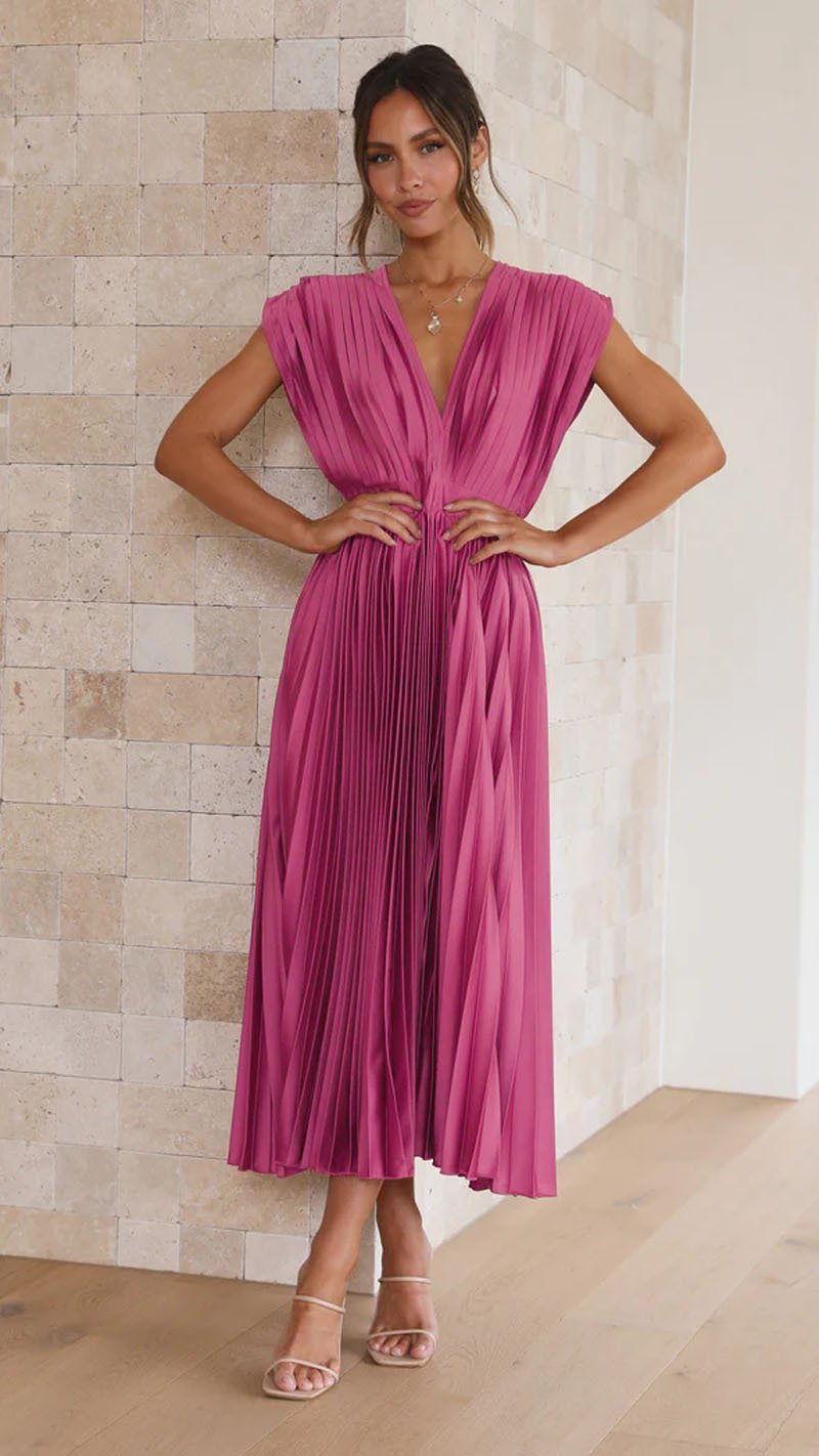 Robe Midi Fluide en Satin Pliée à Col en V Élégante