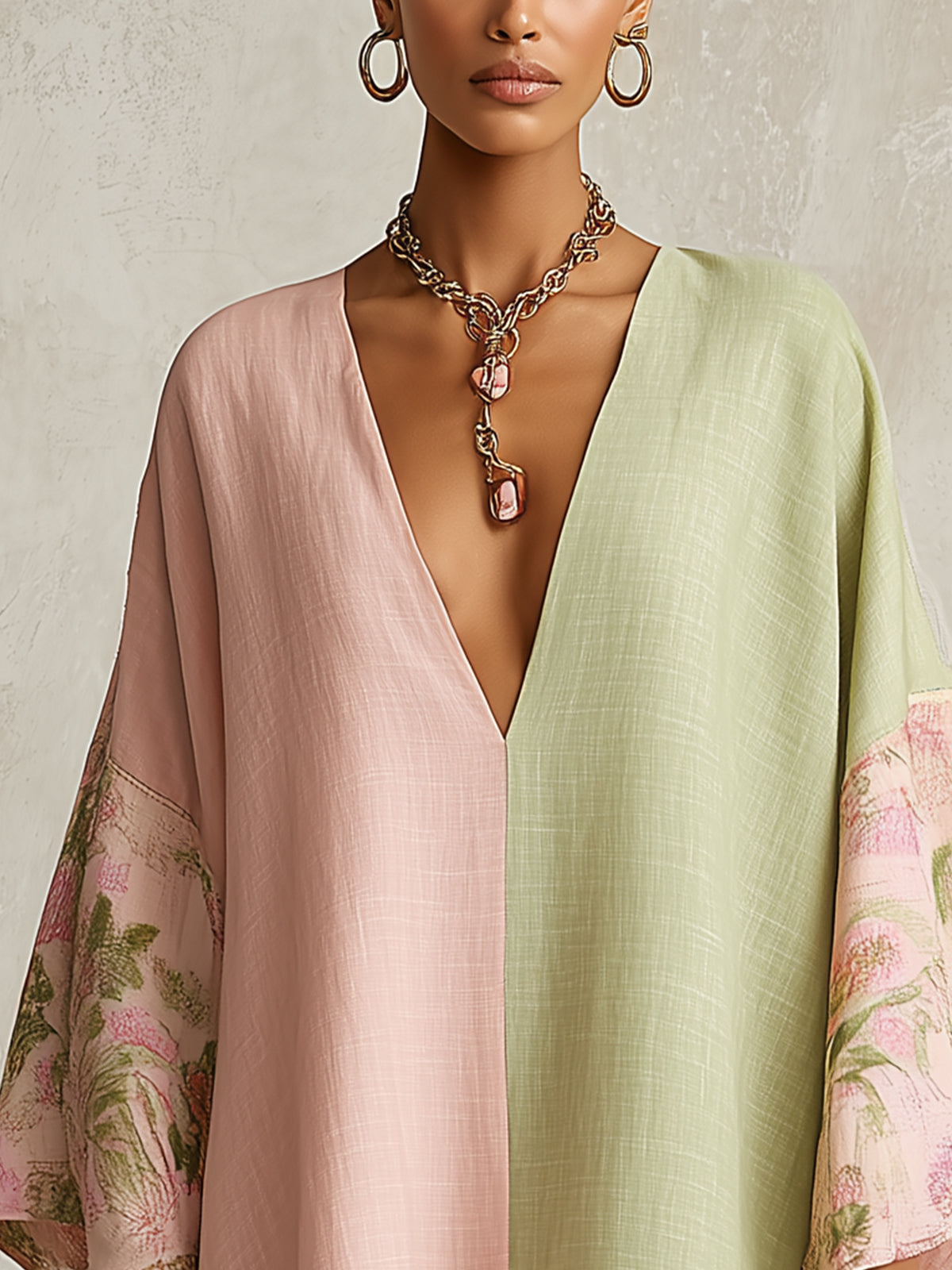 Robe Midi à Fleurs avec Blocs de Couleurs Vert et Rose