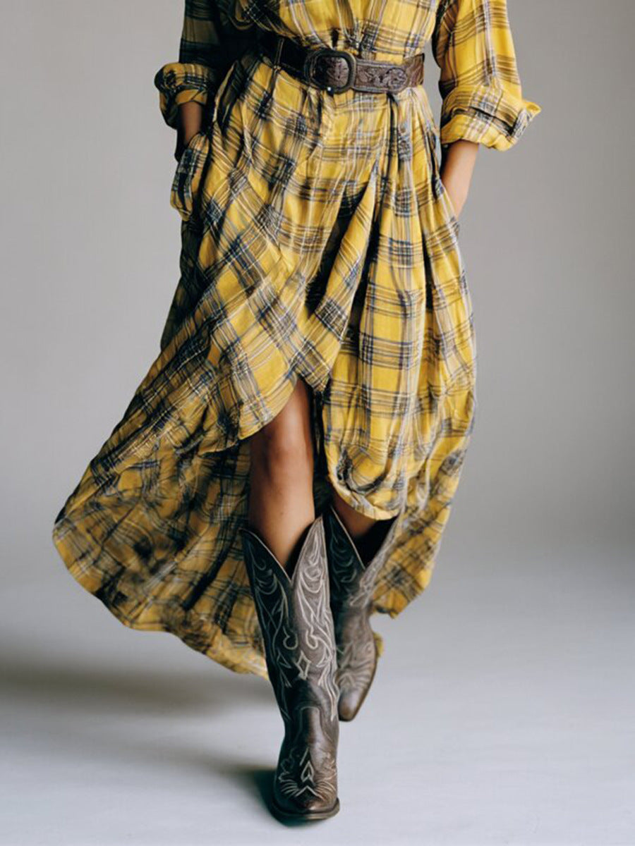 Robe chemise rétro décontractée à carreaux avec ceinture