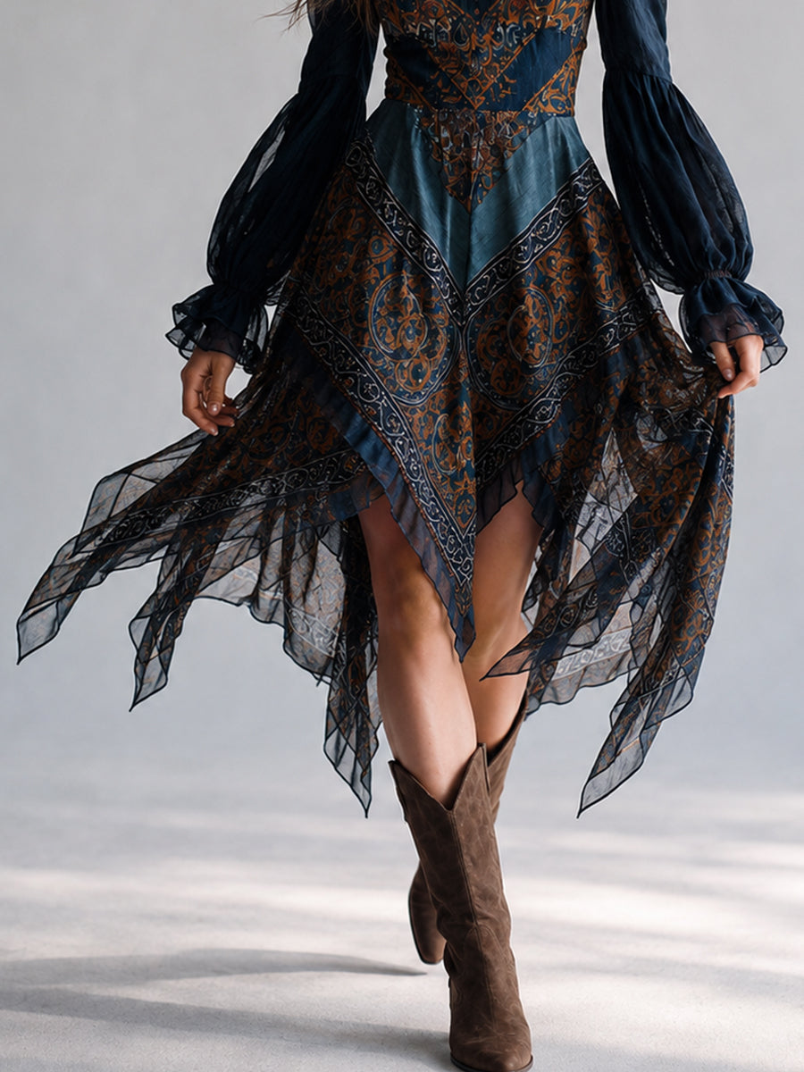 Robe à Hem en Mouchoir Imprimé Paisley Bleu Marine Bohème