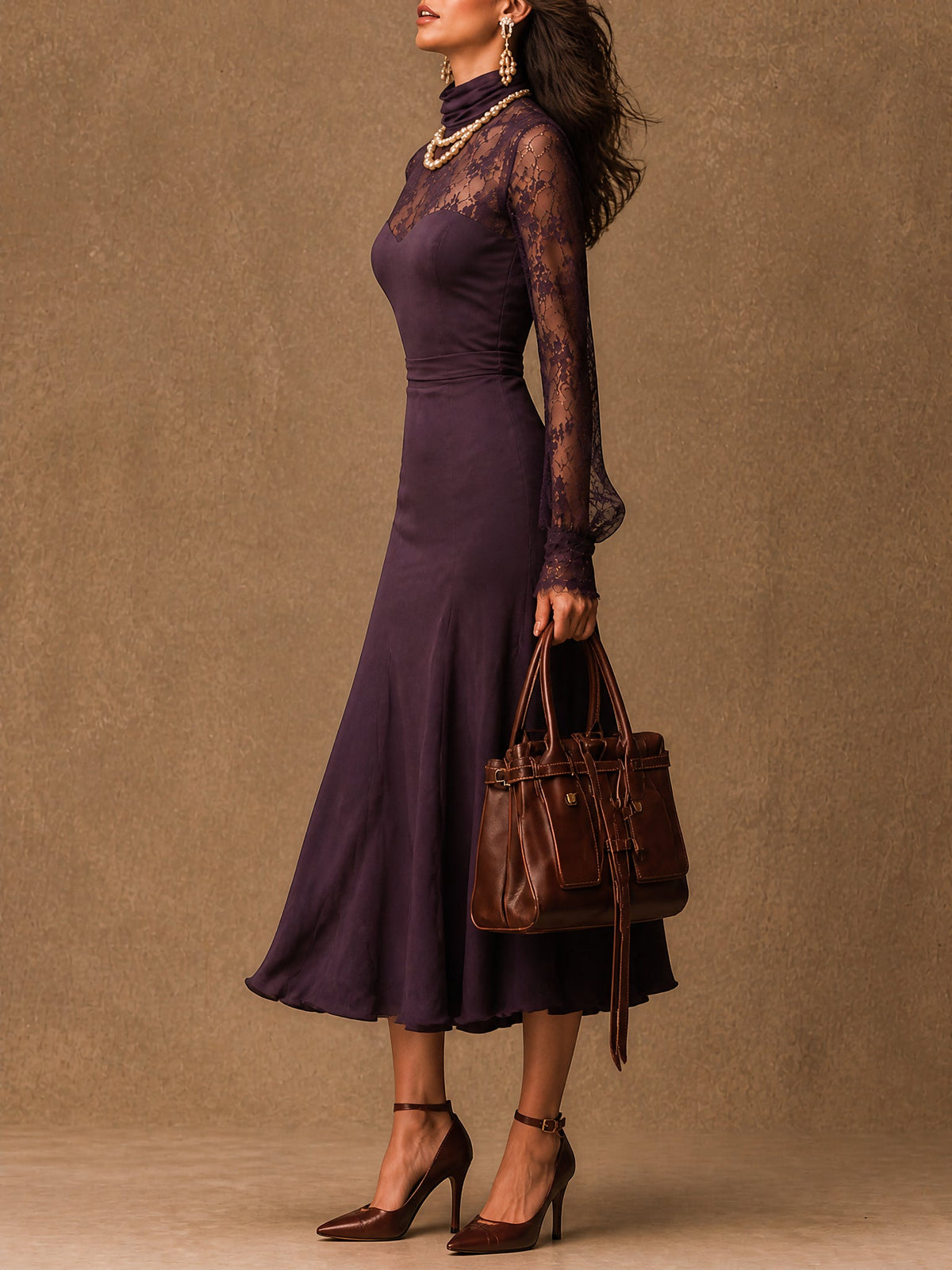 Robe Midi Bodycon en Satin Mat Violet Élégante à Manches Longues en Dentelle