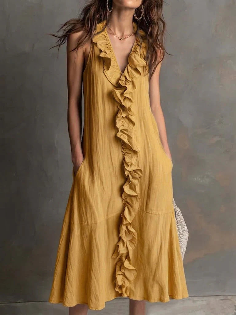 Robe Femme Unicolore Sans Manches Décolleté en V avec Volants