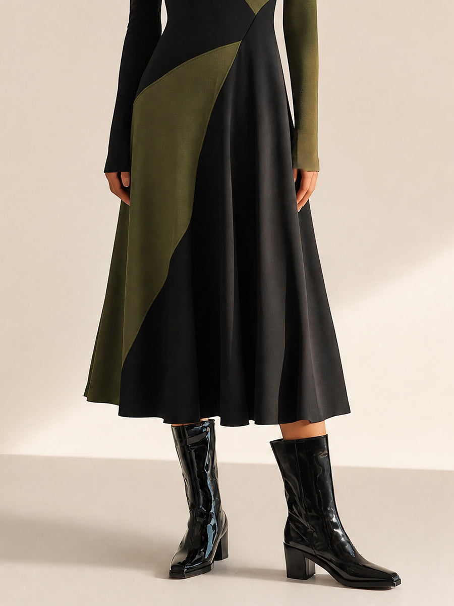 Robe Midi A-Ligne Élégante à Col Rond et Manches Longues en Bloc de Couleurs
