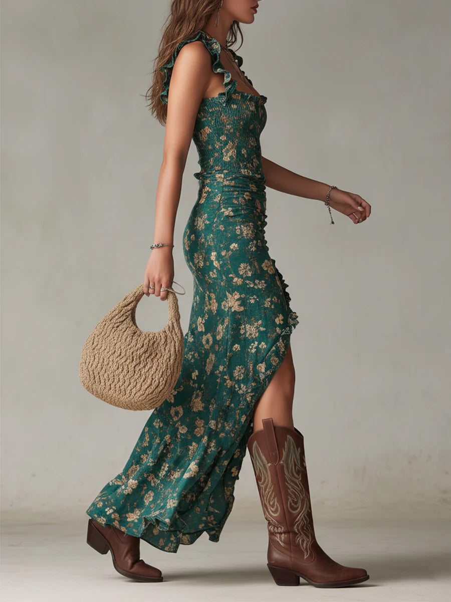 Robe Maxi Imprimée Bohémienne Verte avec Manches Froncées