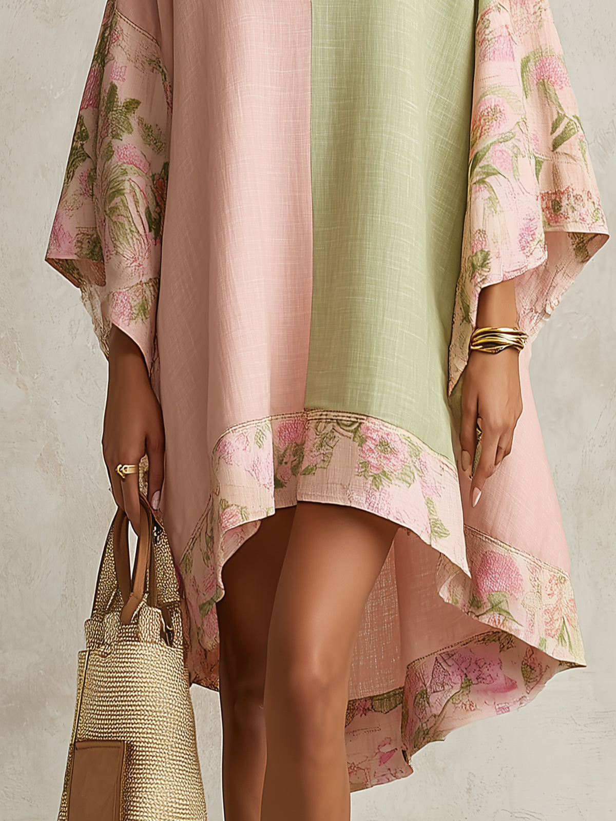 Robe Midi à Fleurs avec Blocs de Couleurs Vert et Rose