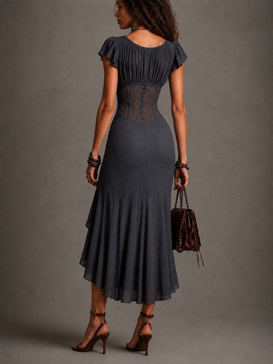 Robe Midi en Plissé de Dentelle Gris Foncé