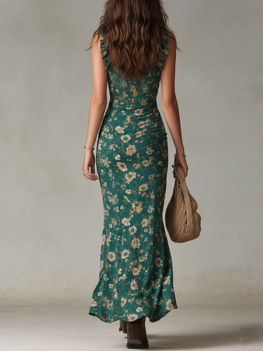 Robe Maxi Imprimée Bohémienne Verte avec Manches Froncées