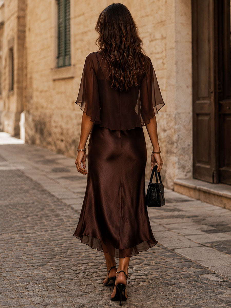Blouse en Chiffon Brun et Robe Midi Satinée Ensemble Deux Pièces