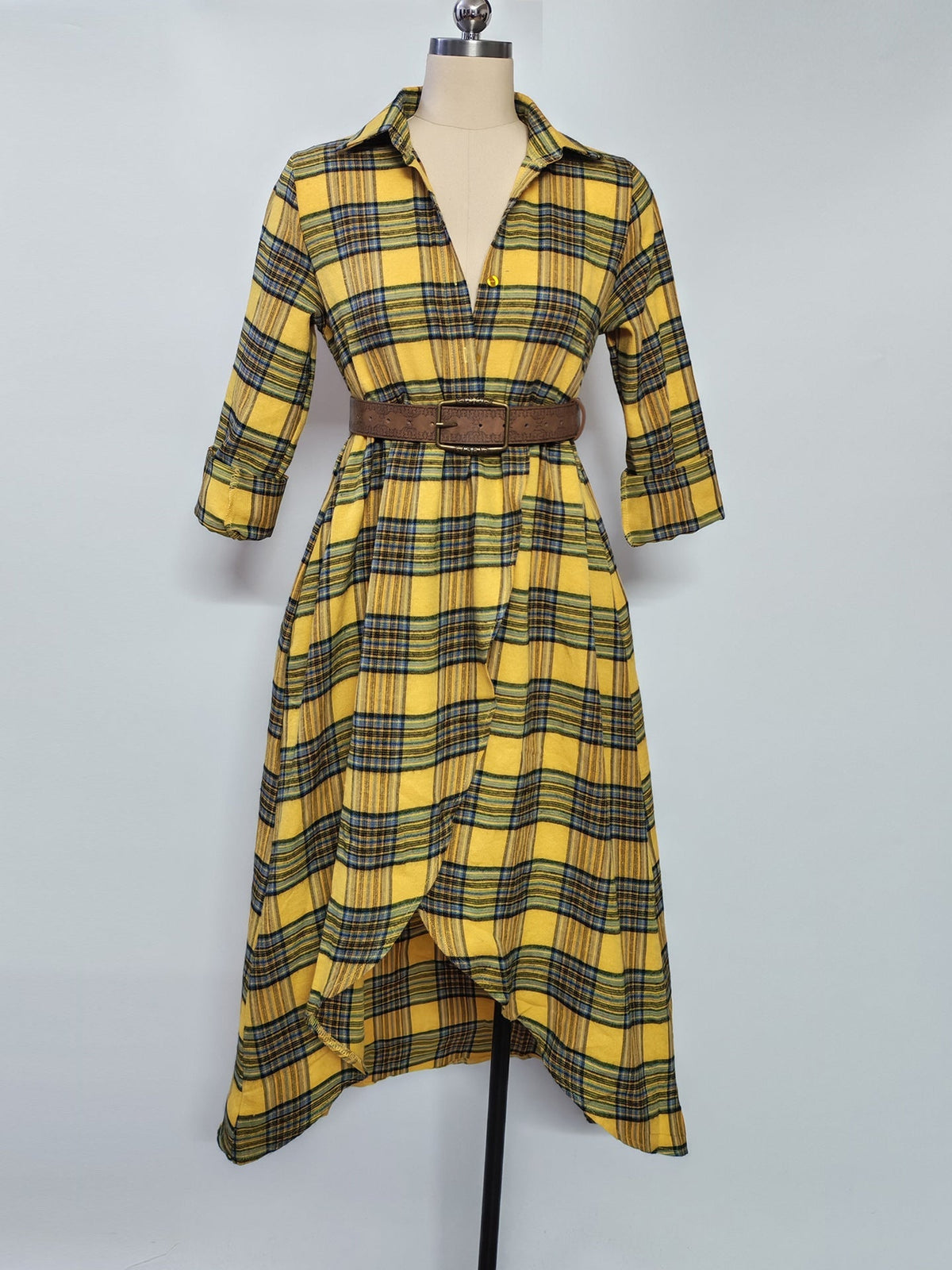 Robe chemise rétro décontractée à carreaux avec ceinture