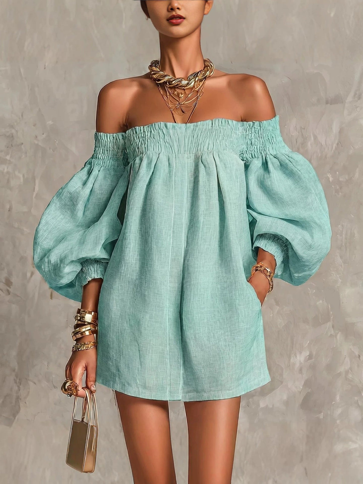 Whitney | Robe Mini à Manches Lanternes Décolletée