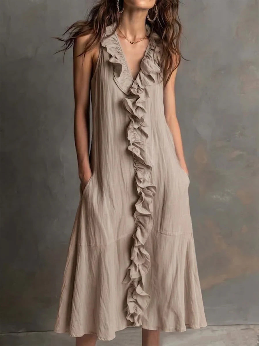 Robe Femme Unicolore Sans Manches Décolleté en V avec Volants