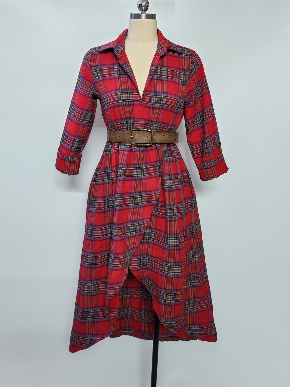 Robe chemise rétro décontractée à carreaux avec ceinture