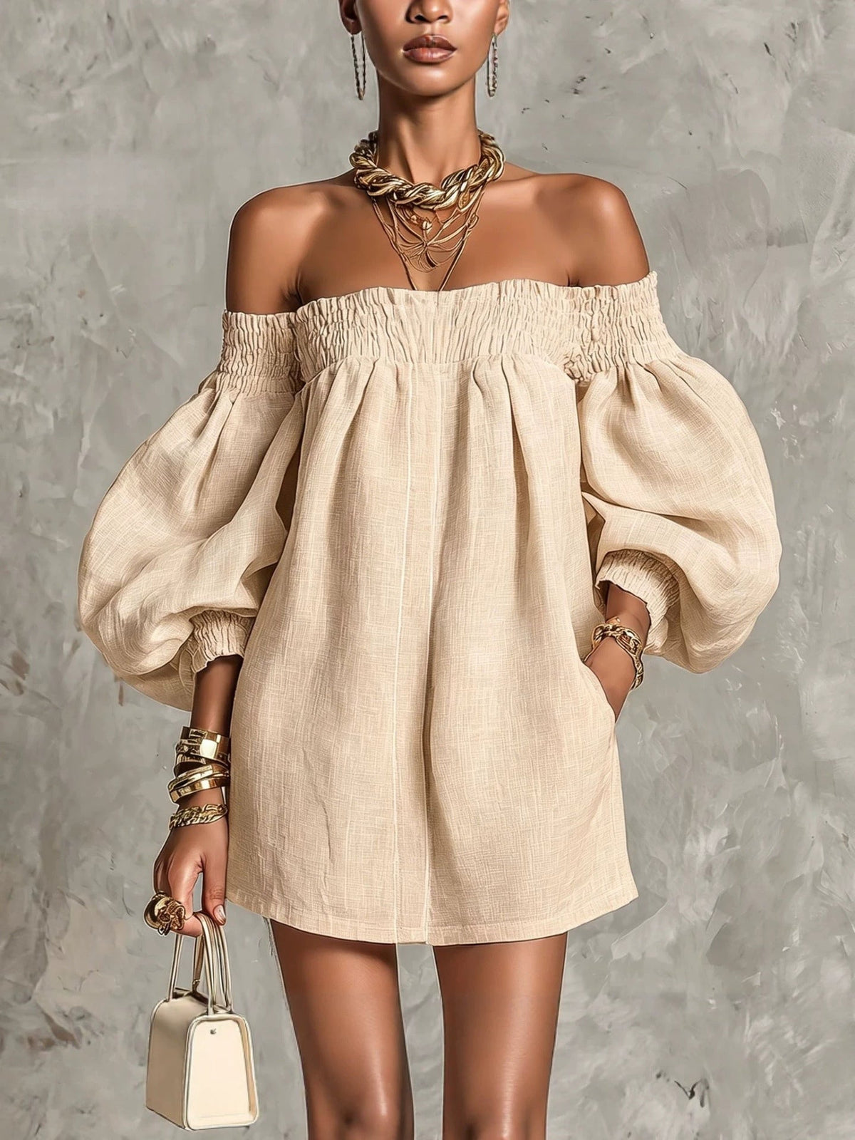 Whitney | Robe Mini à Manches Lanternes Décolletée