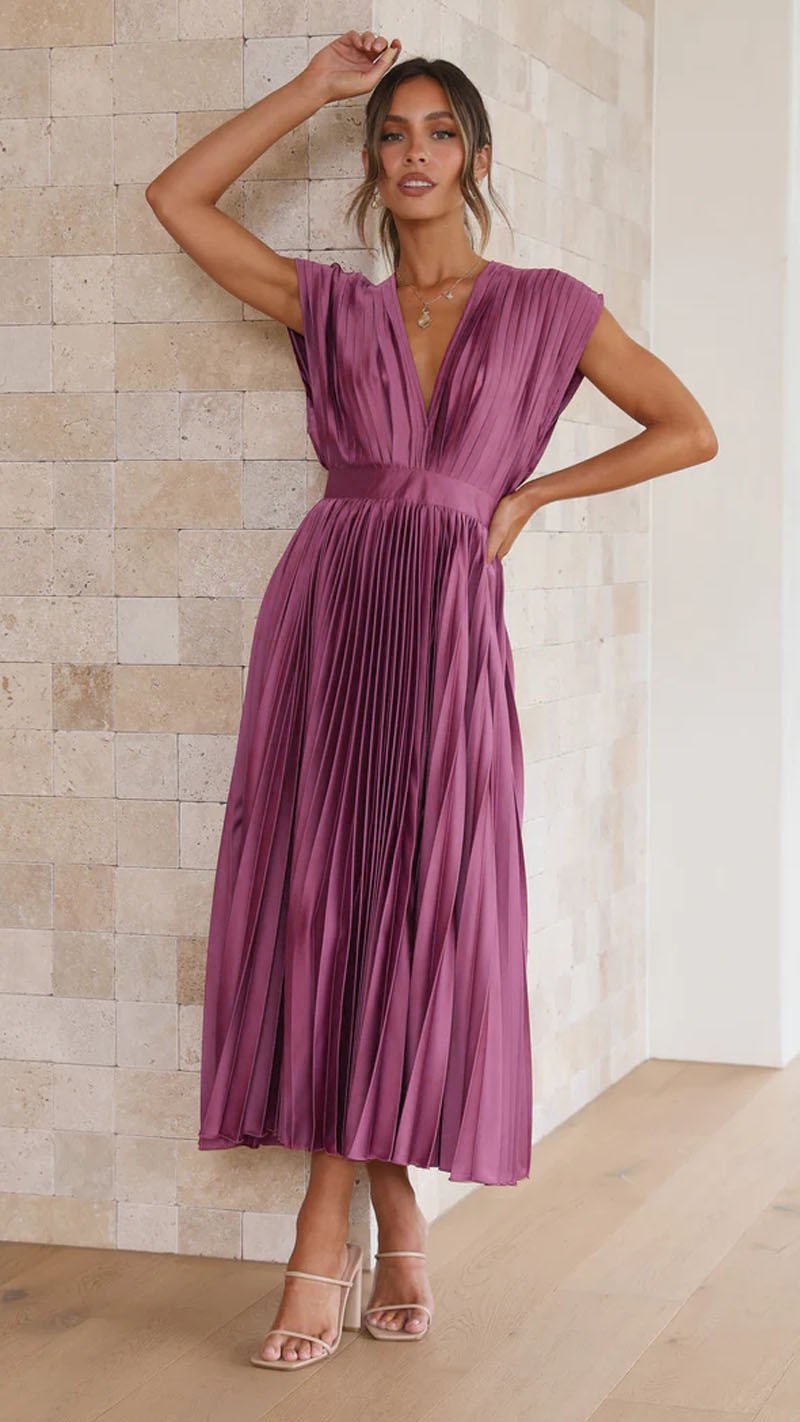 Robe Midi Fluide en Satin Pliée à Col en V Élégante
