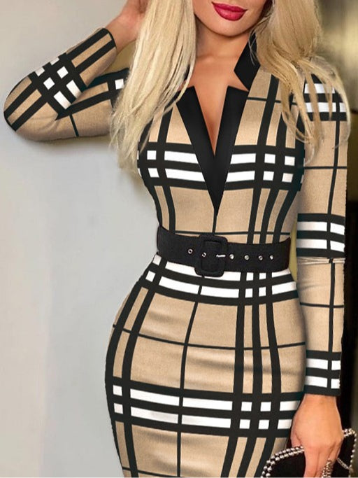 Robe bodycon à col en V à carreaux élégante avec manches longues (incluant une ceinture)
