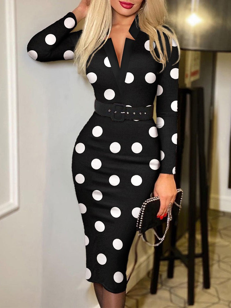 Robe bodycon à col en V à carreaux élégante avec manches longues (incluant une ceinture)