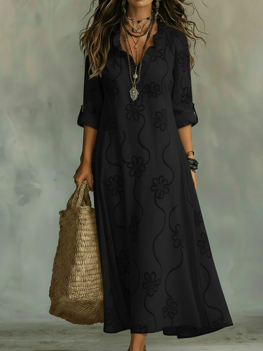 Robe Midi à Imprimé Floral Élégant avec Col Froncé