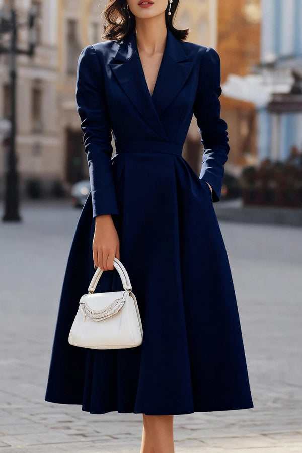 Robe Midi Ajustée à Col V Élégante à Manches Longues