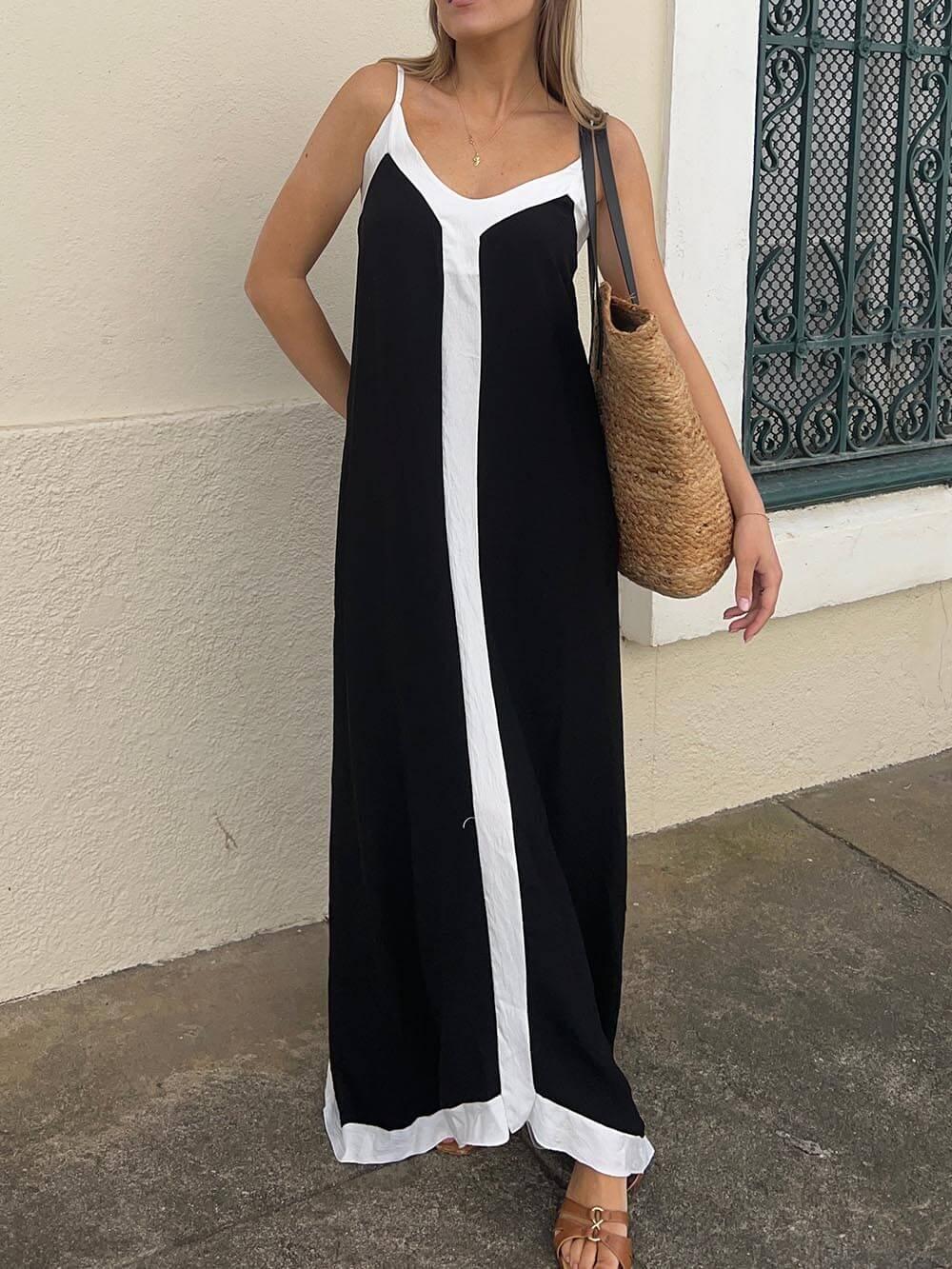 Robe Midi à Bretelles en Bloc de Couleurs Lavechic