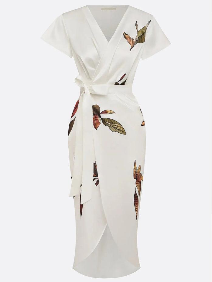 Robe Midi En Satin À Manches Courtes Blanche
