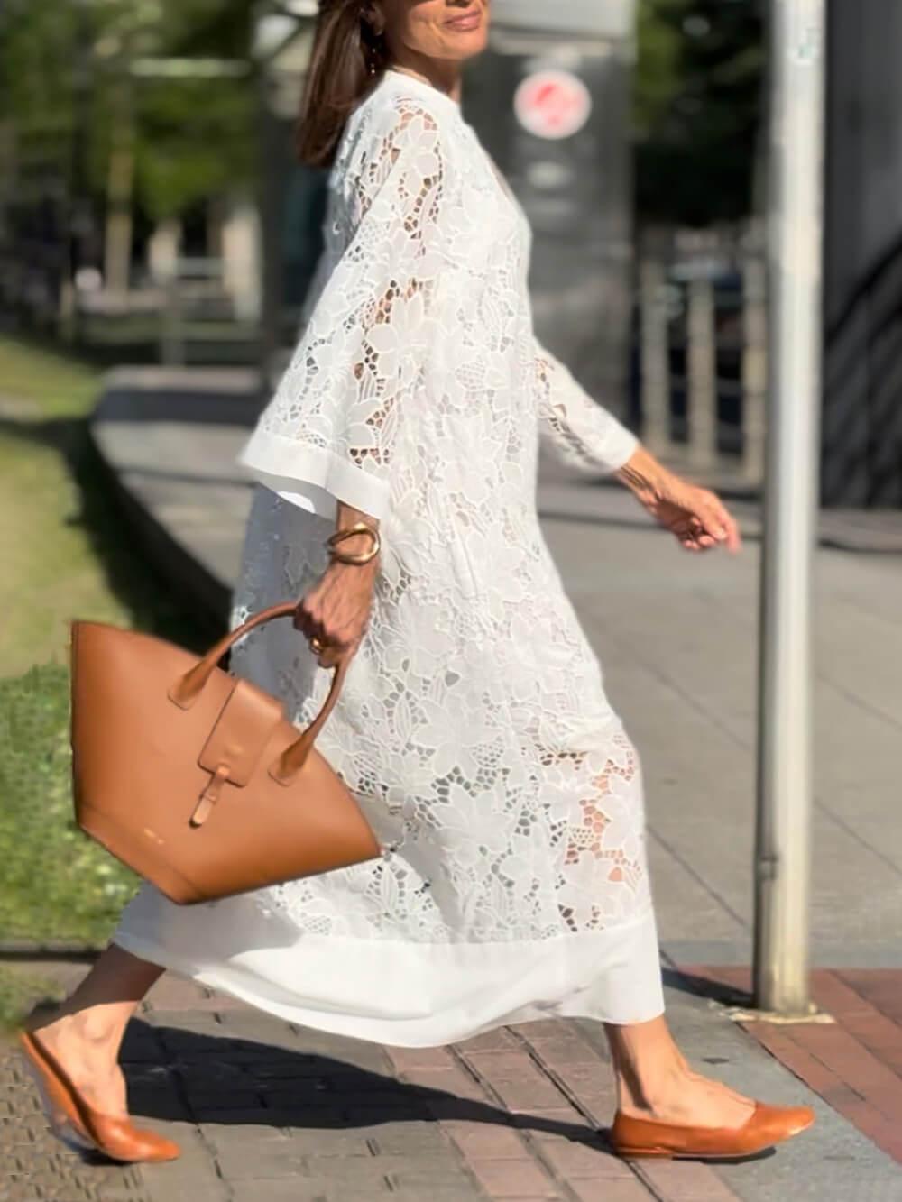 Robe Midi Loose à Col V en Dentelle Florale