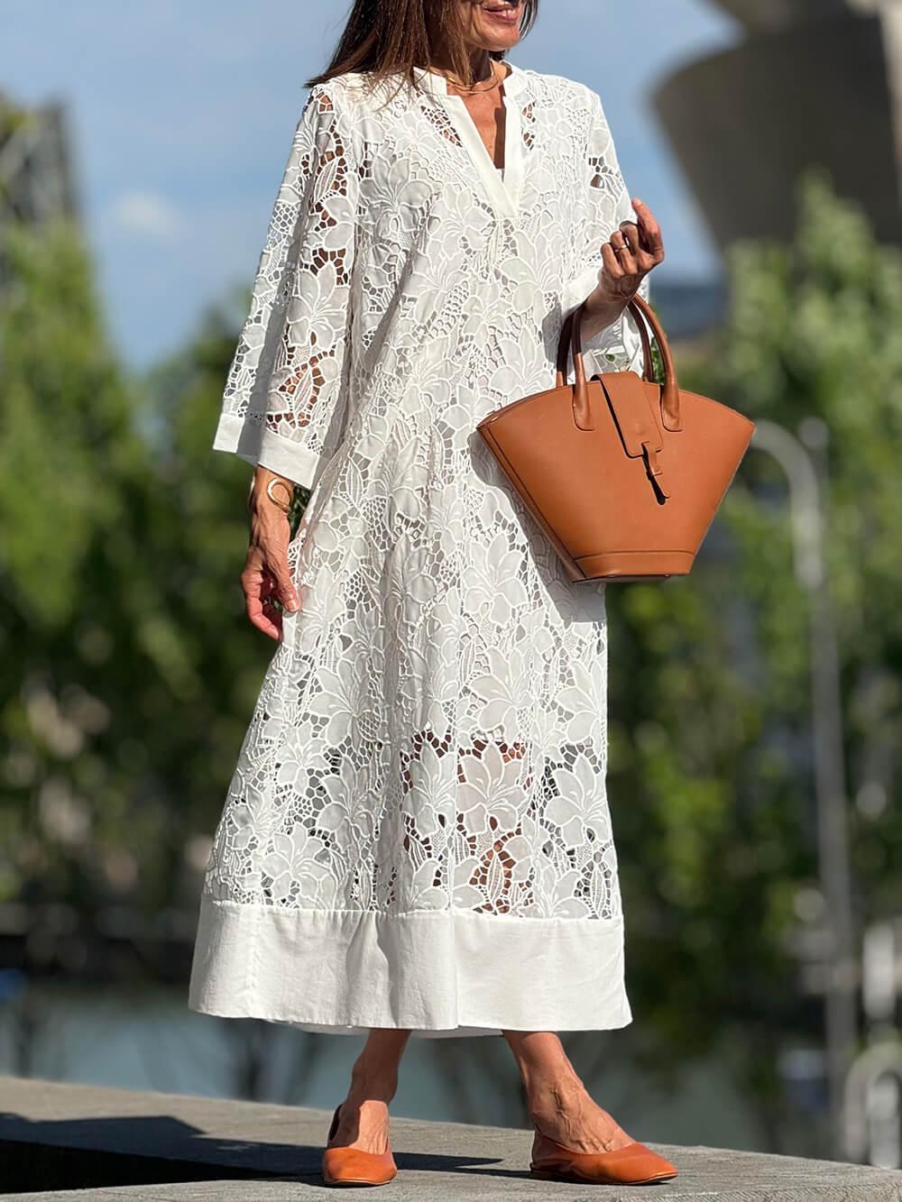 Robe Midi Loose à Col V en Dentelle Florale