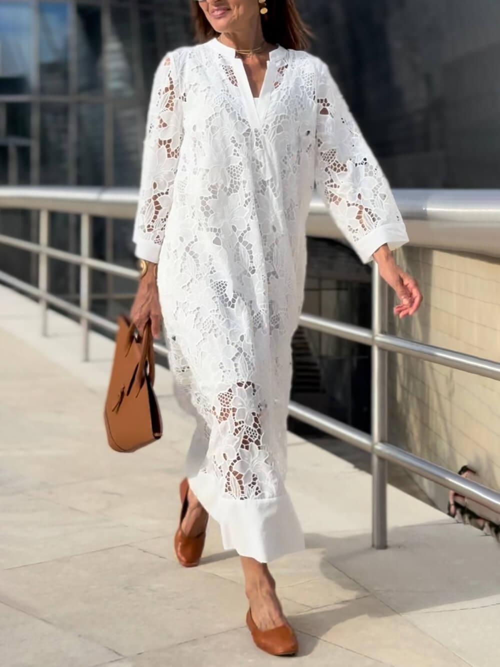 Robe Midi Loose à Col V en Dentelle Florale