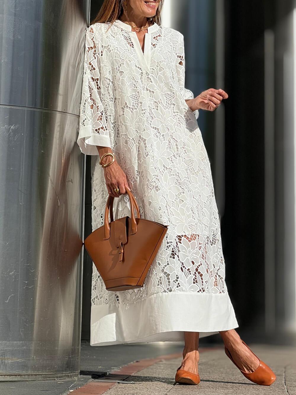 Robe Midi Loose à Col V en Dentelle Florale