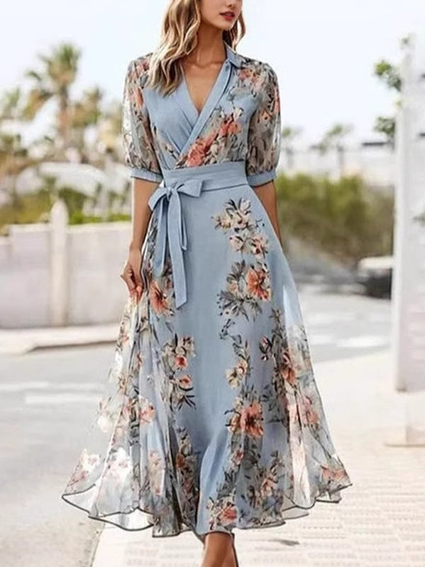 Robe Midi à Imprimé Floral avec Col en V, Manches Courtes et Ceinture