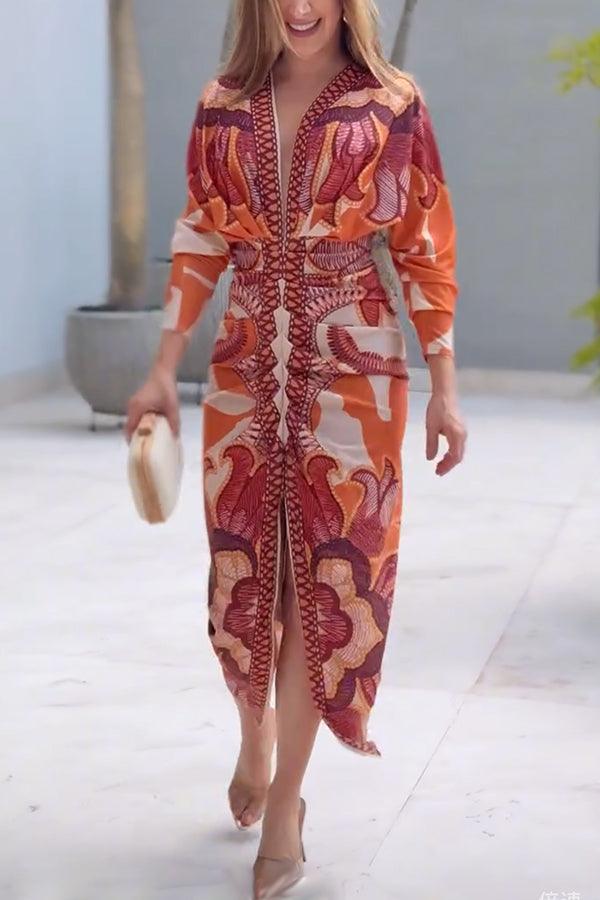 Robe Midi à Imprimé Unique avec Manches Dolman et Fente Froncée