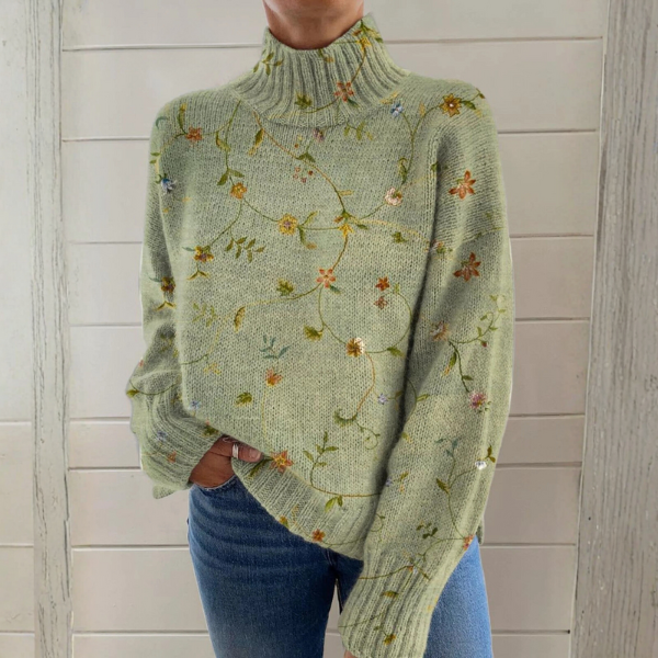 Cynthia | Pull Col Roulé Brodé Floral