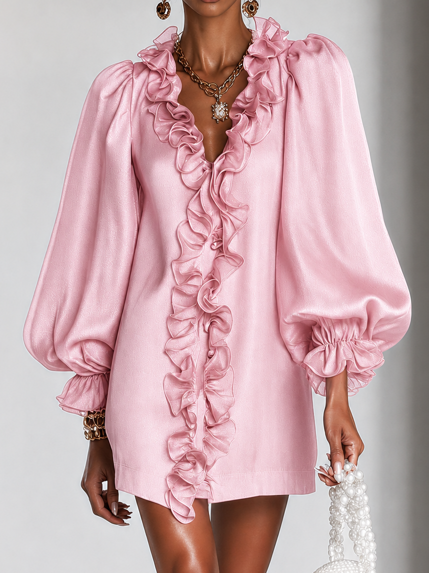 Annabel | Robe Mini à Manches Bouffantes Volantes
