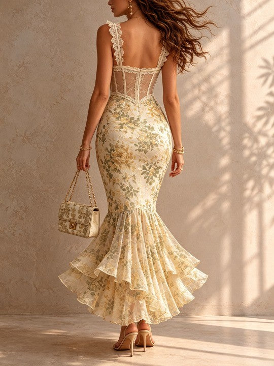 Robe Midi Sirène Romantique avec Bord en Dentelle