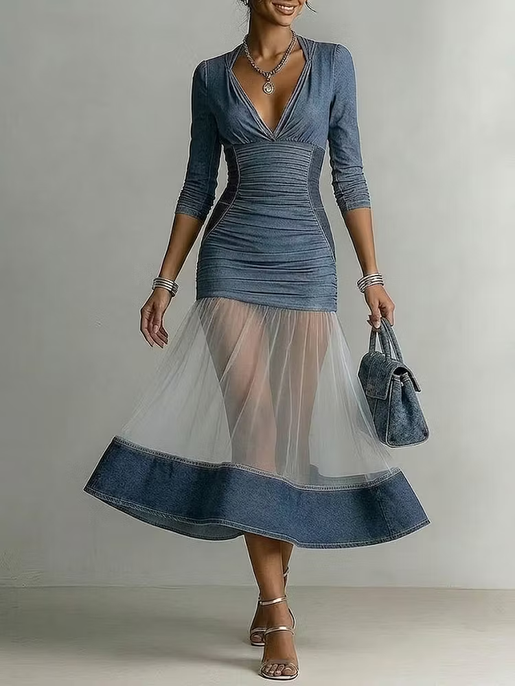 Robe Midi Ajustée en Denim Bleu avec Panneau en Maille